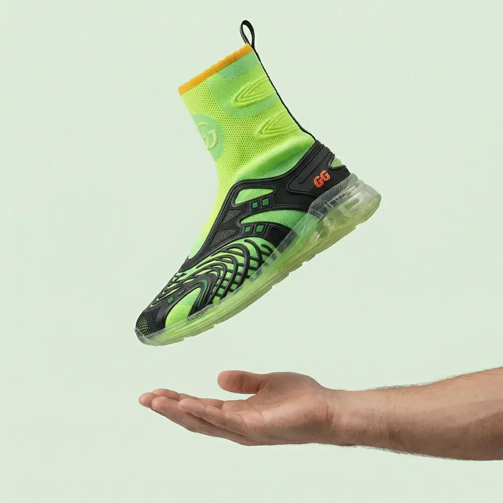 Auth GUCCI Ultrapace R Mid-Top Neon Reflective Sock Sneakers - With Box & Papers
